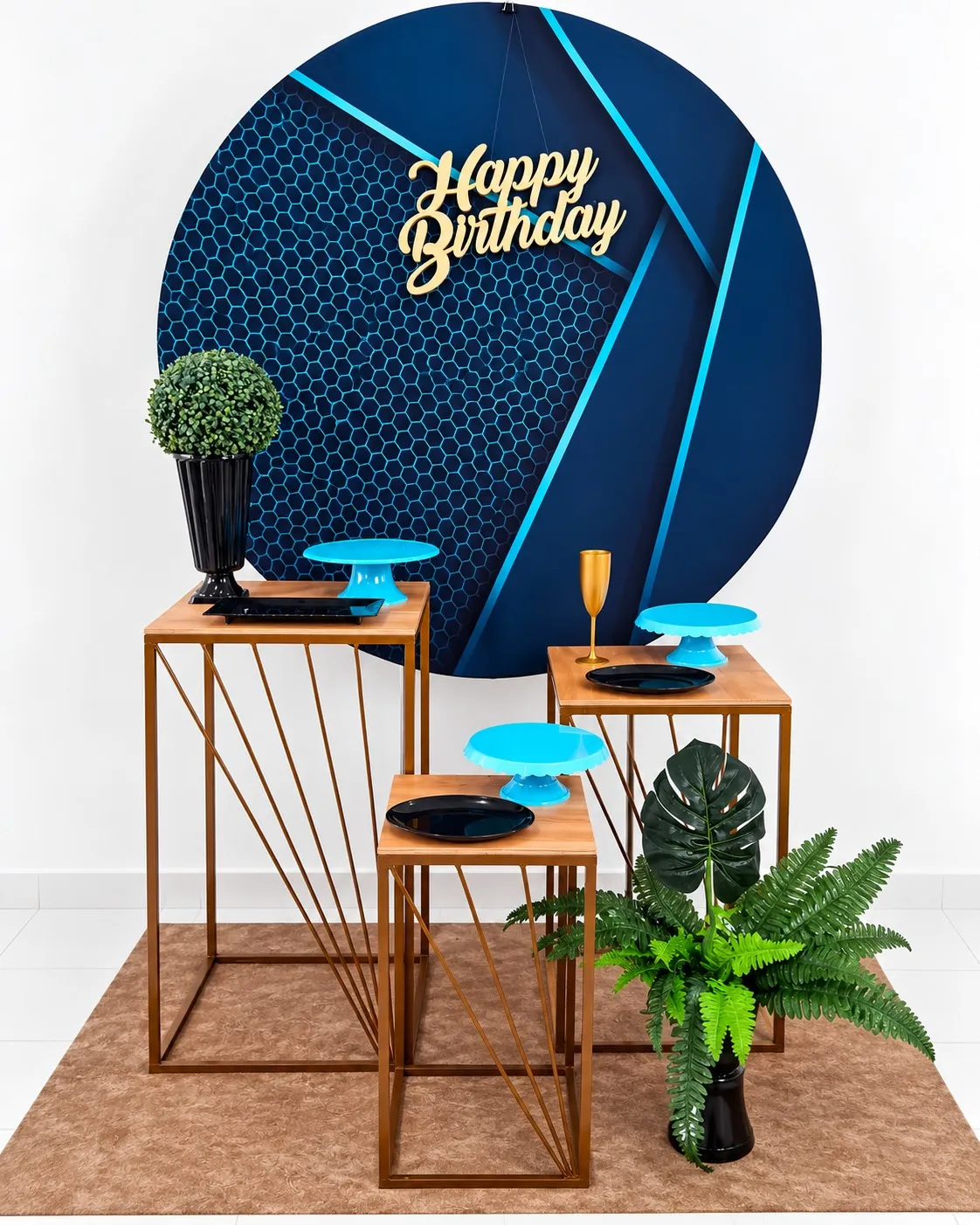 neutro preto com azul happy birthday prata