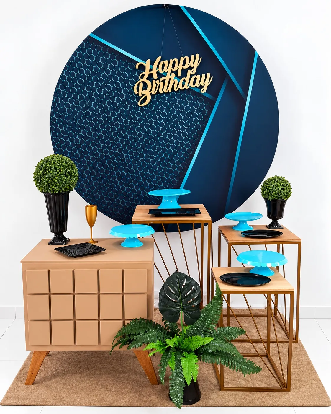 neutro preto com azul happy birthday ouro