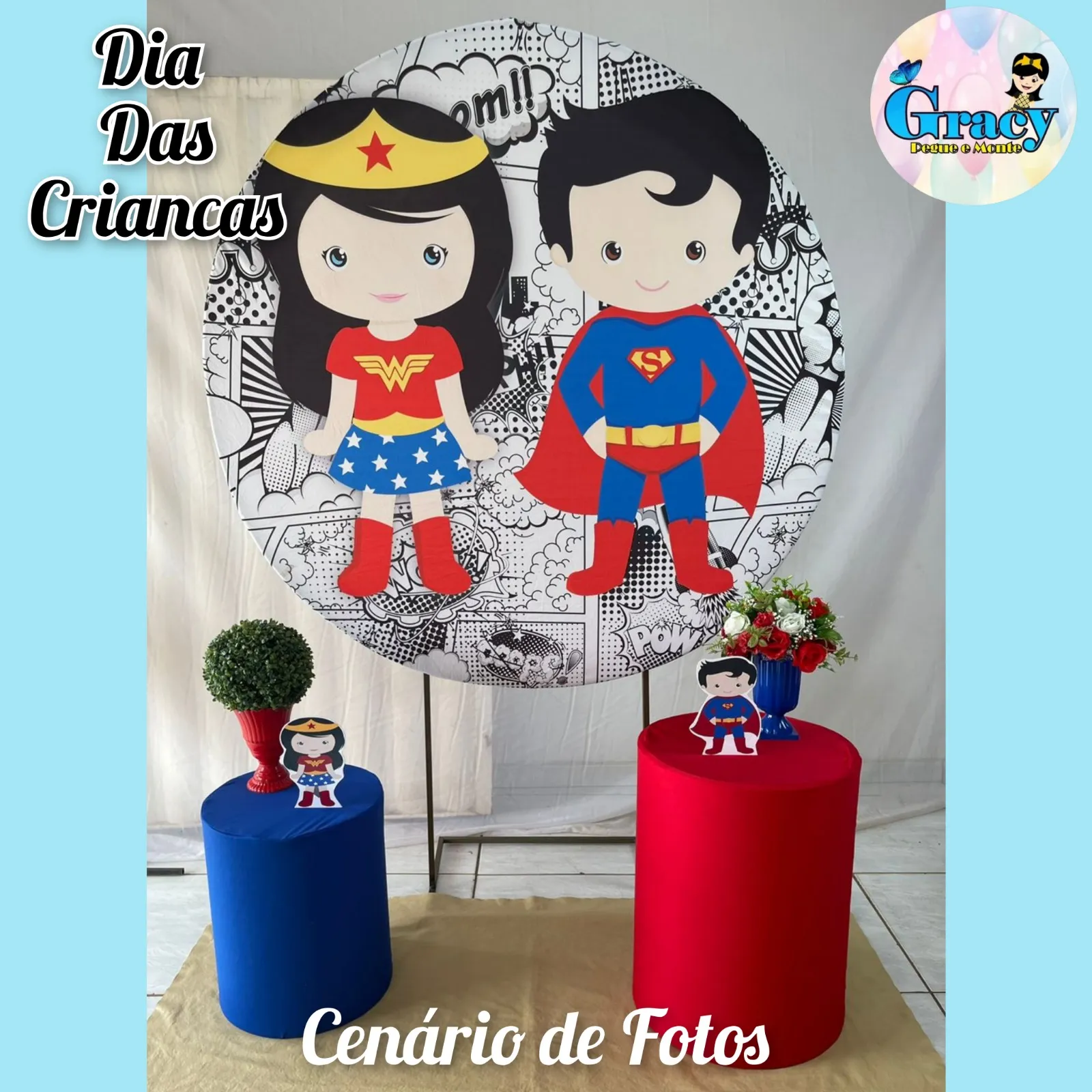 dia das crianças / cenario de foto - mulher maravilha e super man